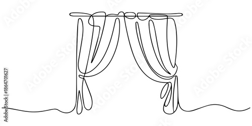 cinema theater opera red curtain object interior one line art design vector, Continuous line vector illustration of curtain curtain, One continuous line drawing of window with curtains. Concept