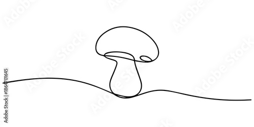 Mushroom one line drawing. Nature food concept in continuous single art of a mushroom, simple, clean, and tasty. Vector illustration, Continuous one line drawing of mushroom. Vector illustration