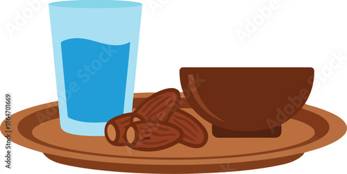 Ramadan Iftar Illustration with Dates, Water Glass, and Bowl on Wooden Tray for Fasting Concept