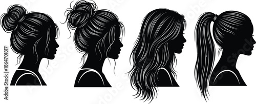 Female hairstyle silhouettes, elegant women profiles, bun ponytail long hair, beauty fashion illustration, modern minimal black blue design vector collection