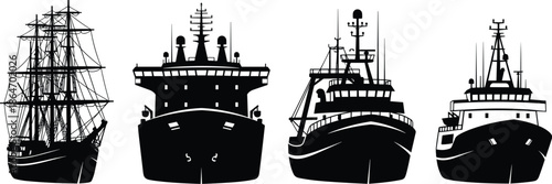 Maritime vessel silhouettes showing sailing ship, cargo ship, fishing trawler, and tugboat front views on white background illustration vector design