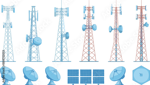 Telecommunication tower vector set featuring radio antennas satellite dishes cellular network and wireless signal equipment