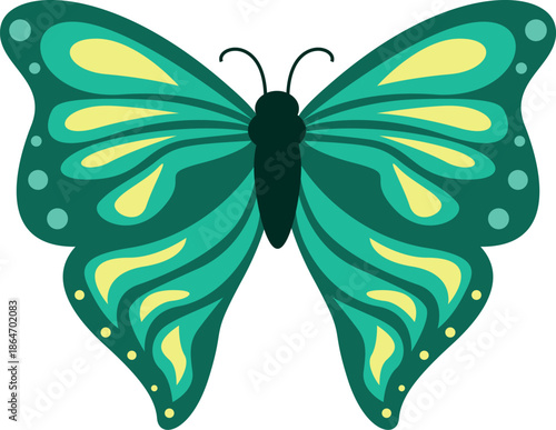 Beautiful butterfly with green and yellow wings and dots isolated on white background