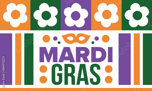 Mardi Gras Carnival in New Orleans. Fat Tuesday. Traditional holiday, celebration annual. Folk festival, costume masquerade, fun party. Carnival mask. Poster, card, banner and background. Vector