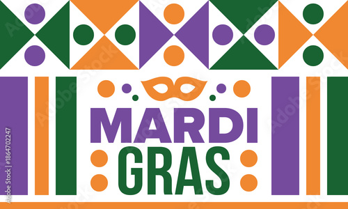 Mardi Gras Carnival in New Orleans. Fat Tuesday. Traditional holiday, celebration annual. Folk festival, costume masquerade, fun party. Carnival mask. Poster, card, banner and background. Vector