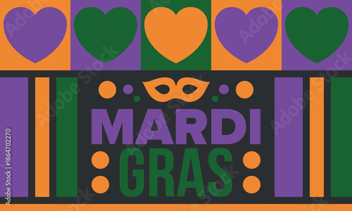 Mardi Gras Carnival in New Orleans. Fat Tuesday. Traditional holiday, celebration annual. Folk festival, costume masquerade, fun party. Carnival mask. Poster, card, banner and background. Vector