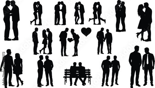 Romantic couple silhouettes, love poses, affectionate moments, kissing scenes, emotional connection, heart shapes, relationship icons, black figures, passion, intimacy
