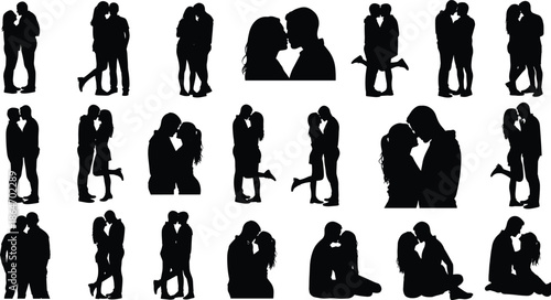Romantic couple silhouette, love pose illustration, emotional connection art, kissing lovers graphic, relationship icon set, black silhouette romance design