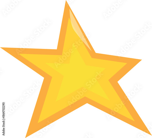 Five pointed star with vivid yellow color and orange outline glowing on a white background
