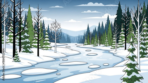 Winter landscape with a frozen river winding through snow-covered pine forest serene natural scene for seasonal backgrounds and design