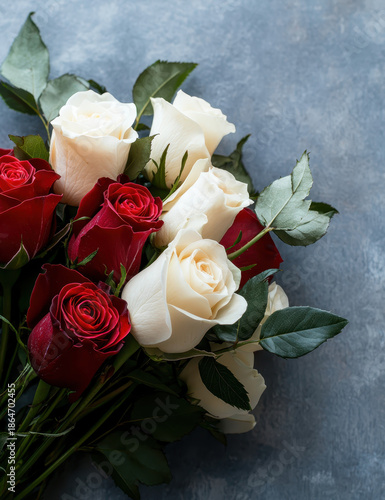 White rose red rose bouquet floral arrangement on textured background expressing romance and elegance
