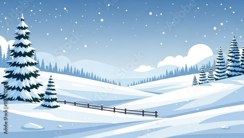 Winter landscape with snow covered pine trees and rolling hills a serene snowy scene perfect for holiday greetings and seasonal backgrounds