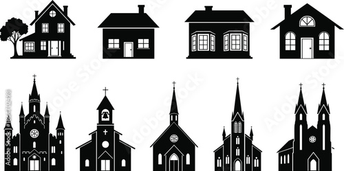 Silhouettes of houses and churches, architectural diversity, building styles, residential design, religious structures, urban skyline, minimalist vector, black shapes
