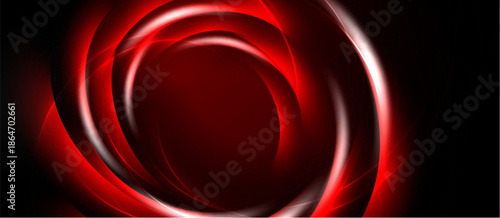 Abstract red swirls radiate from center. Dark background creates dramatic visual effect. Modern design, dynamic energy.