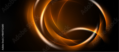 Abstract design features swirling orange lines against dark background. Bright glow creates dynamic visual impact. Smooth curves suggest movement.