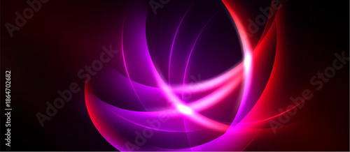Abstract design features vibrant curves, glowing lines. Pink, purple, red hues create dynamic visual effect. Smooth gradients dominate composition.
