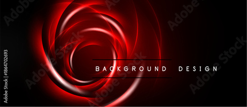 Dynamic red swirl design over black backdrop. Modern aesthetic, energy radiates from central point. Background text reads background design.