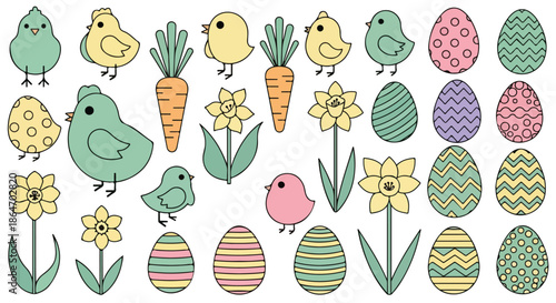 Colorful Easter-themed illustration of eggs, chicks, carrots, and flowers on a white background with pastel colors.