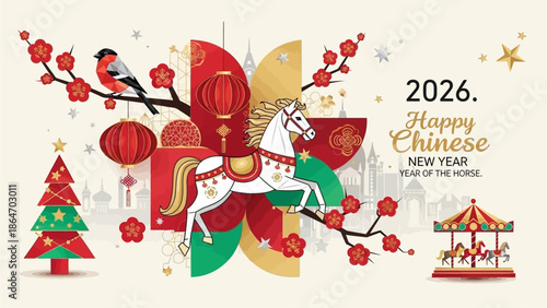 2026. Happy Chinese New Year. Year of the Horse. Elegant abstract geometric banner with festive symbols, decorations, a stylized horse, a carousel, a Christmas tree, a city, a bullfinch, stars