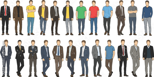 Vector illustration of diverse men wearing business and casual outfits, standing poses, fashion collection, modern male characters set for designers