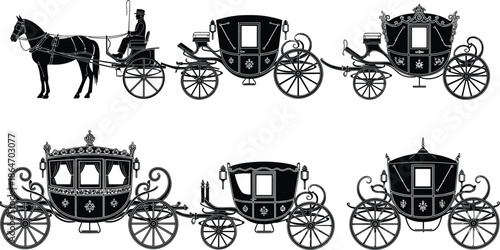 Vintage royal horse carriage illustration set, elegant Victorian coach designs, classic wedding transport, luxury antique transportation collection isolated vector