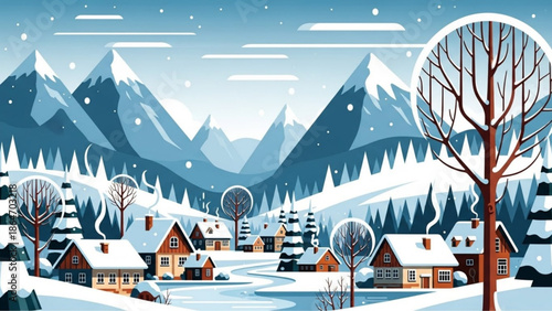 Winter village landscape with snow-covered mountains and trees a serene scene for holiday greetings and seasonal design