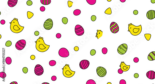 Colorful pattern of Easter eggs and chicks on a white background with pink, green, and yellow hues.