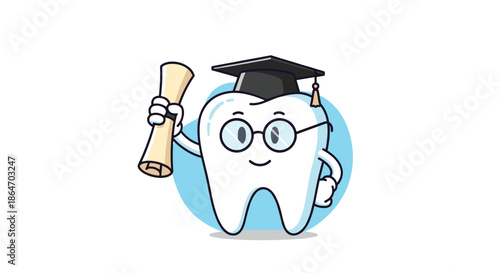 A cheerful cartoon tooth character wearing a graduation cap and glasses, holding a rolled diploma, symbolizes dental education and achievement.