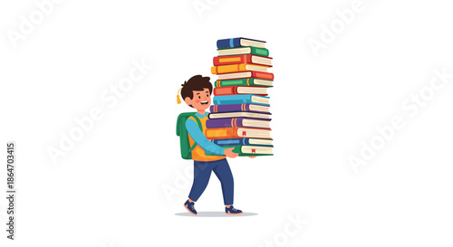 A cheerful young student with a backpack happily carries an enormous stack of colorful books, symbolizing a passion for learning and knowledge.