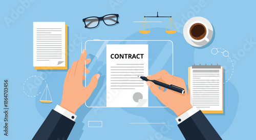 A professional signs a digital contract on a transparent tablet, with legal documents, glasses, and scales of justice on a blue desk.