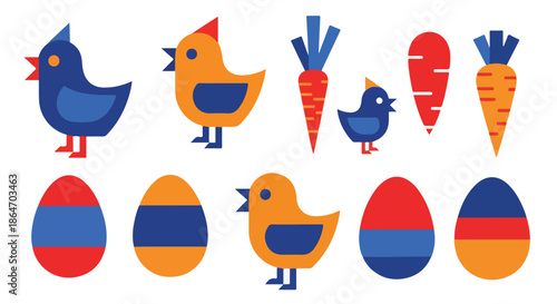 Colorful flat lay of chickens, eggs, and carrots in blue, orange, and red hues against a clean white background.