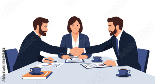 Two businessmen shake hands at a conference table, symbolizing a successful partnership or agreement, with a female colleague present at the business meeting.