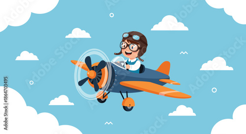An excited child dressed as a pilot confidently navigates a colorful biplane through the bright blue sky with clouds.