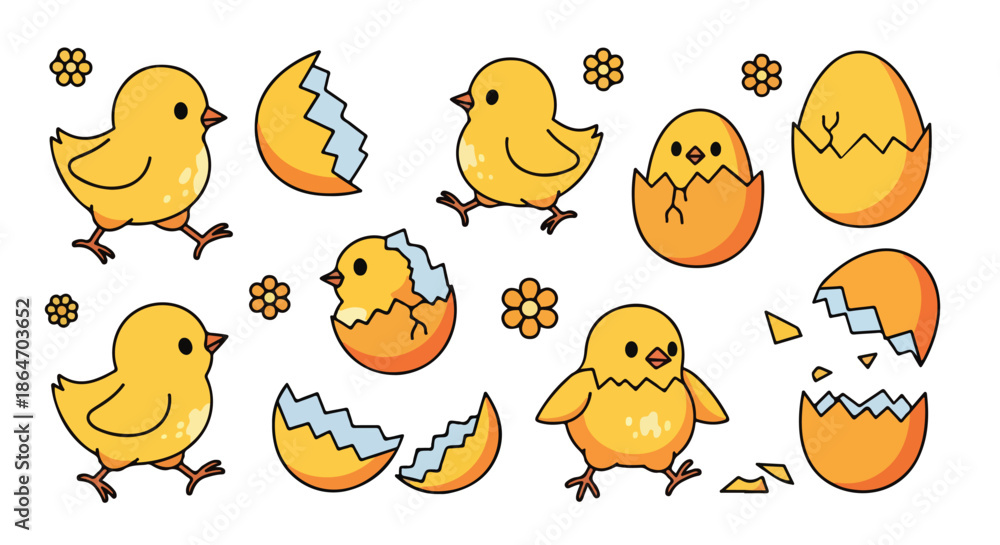 Fototapeta premium Illustration of cartoon chicks hatching from eggs with flowers on a white background in a flat 2D style with bright yellow and orange hues.