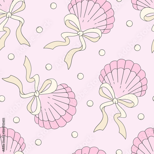 Seamless Coquette Seashell Bow Pattern in Pastel Pink with Pearls Cute Feminine Background for Fabric Wallpaper Packaging