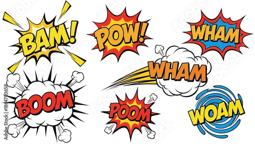 Dynamic comic book sound effect bursts BAM POW WHAM BOOM POOM WOAM creating a powerful visual narrative for action scenes and retro designs