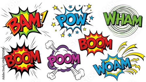 Dynamic comic book sound effect bursts BAM POW WHAM BOOM POOM WOAM creating a powerful visual narrative for action scenes and retro designs
