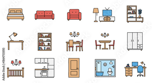 A collection of colorful flat design icons representing various furniture pieces and room interiors for home living.