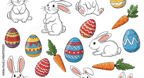 Colorful flat lay illustration of Easter bunnies, decorated eggs, and carrots on a white background with a festive and playful mood.