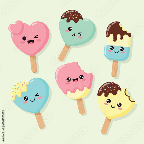 Cute Kawaii Ice Cream Popsicle Set Adorable Heart Shaped Frozen Treats Illustration