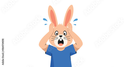 A cartoon rabbit expresses extreme shock or panic, holding its head with hands and showing sweat drops.