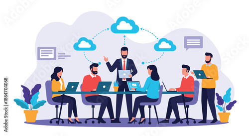 A business team collaborates in a modern office setting, discussing cloud computing, data management, and digital strategy with a central leader.