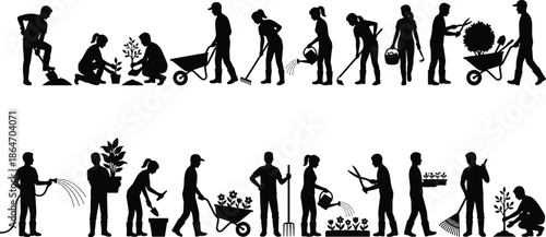 Gardening people silhouettes working with plants tools and wheelbarrows, outdoor garden care activities concept isolated on white background vector