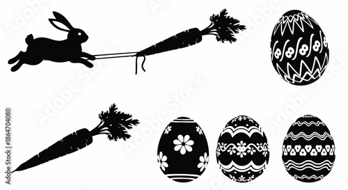 Black and white Easter-themed illustrations of a rabbit pulling carrots and decorated eggs on a plain background.