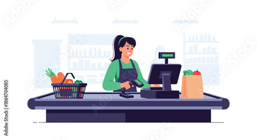 A cheerful woman working as a supermarket cashier, efficiently scanning a customer's shopping basket filled with fresh produce at the checkout counter.