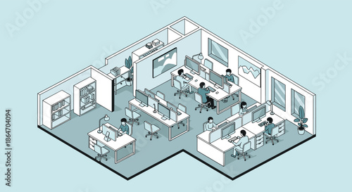 Isometric view of a modern office interior with employees working at desks with computers and bookshelves in a shared space.