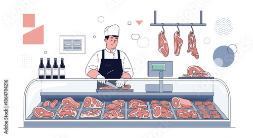 A smiling male butcher in an apron and chef's hat cuts fresh meat behind a display counter in a modern shop.