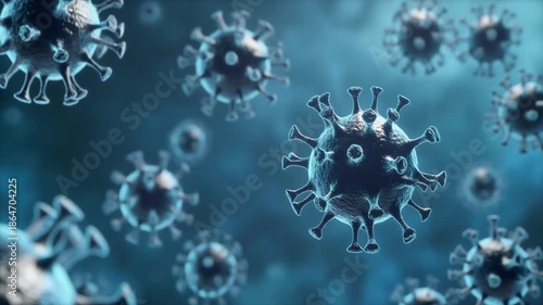 Abstract three-dimensional microscopic view of numerous pathogen structures, representing a biological threat, contagion, and global health challenges in a dark scientific environment