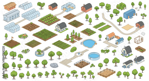 Extensive collection of isometric farm elements including fields barns animals trees and equipment for rural landscape design.
