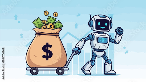 Vector illustration of a robot character pulling a giant money bag with a trolley, symbolizing big profit, financial success, wealth creation, making money, business growth, and prosperity